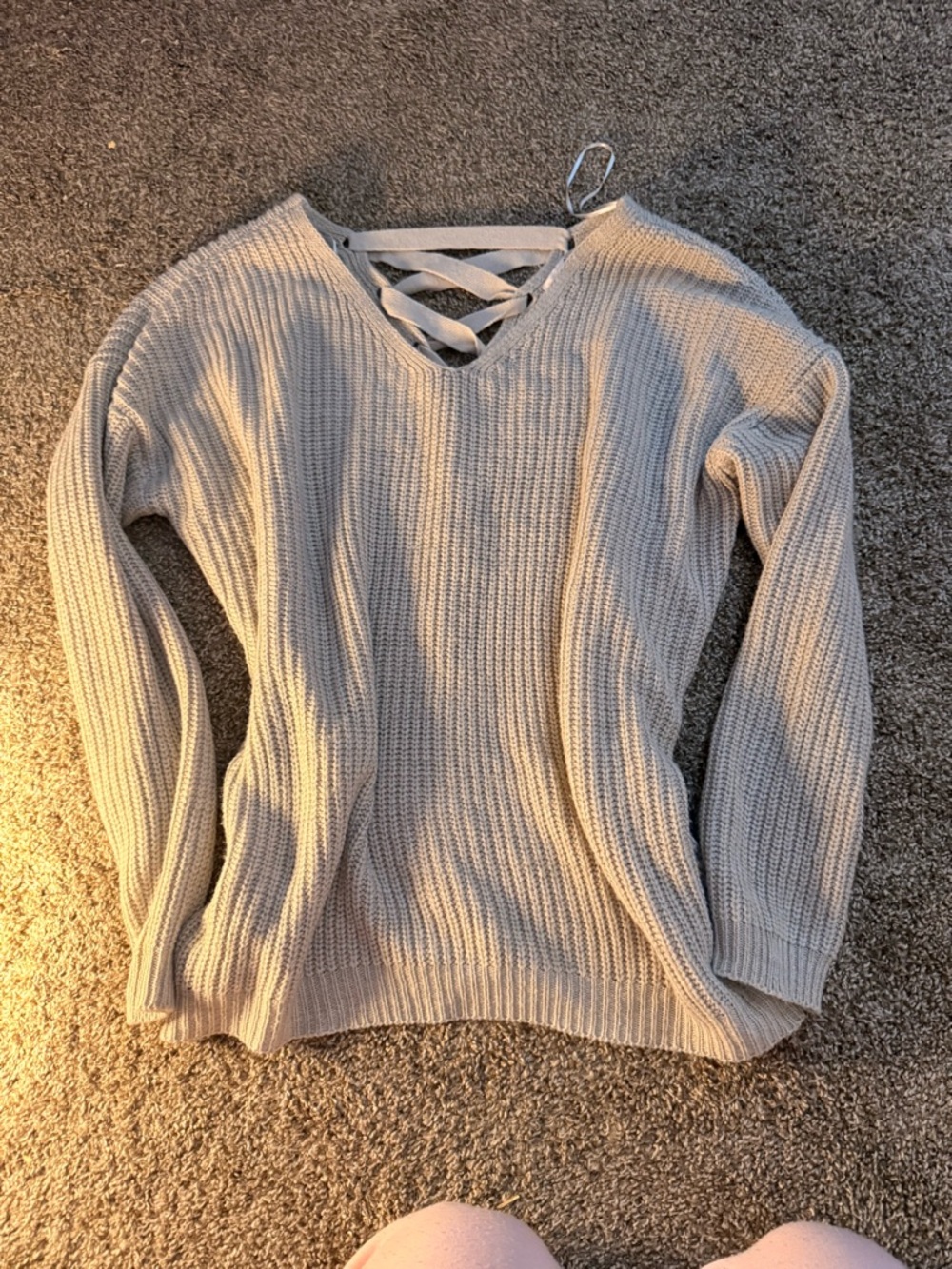 SO Beige Crisscross V-Neck Ribbed Sweater